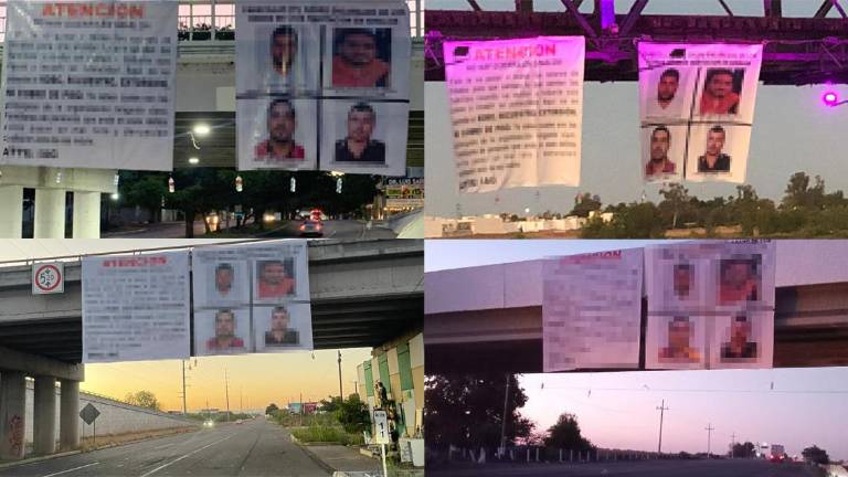 Elementos de Seguridad Pública de Culiacán retiran las lonas que amanecieron en diferentes puentes.