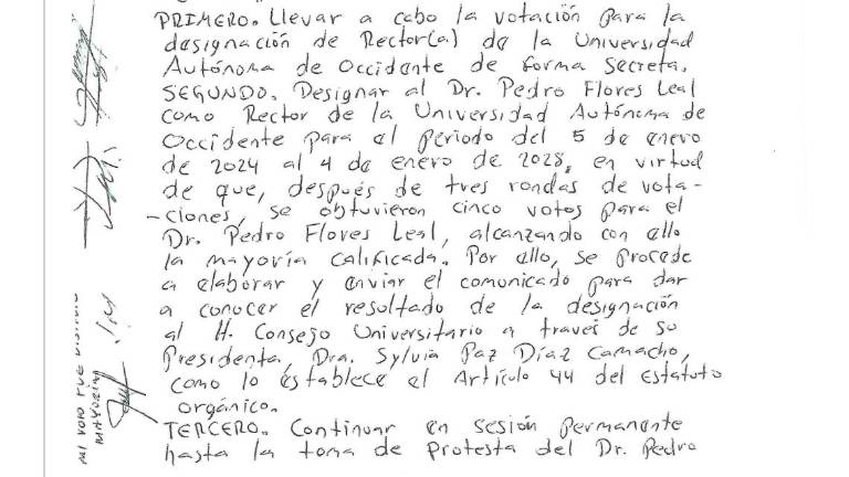 Minuta de la sesión de la Junta de Gobierno cuando Pedro Flores Leal fue designado como Rector de la UAdeO.