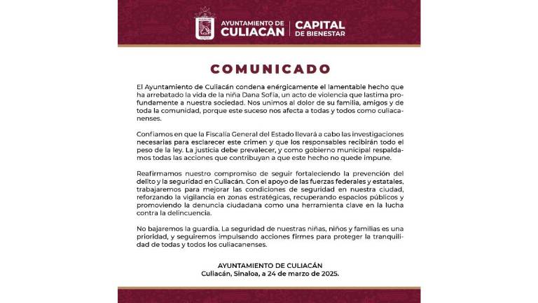 Mensaje del Ayuntamiento de Culiacán por el asesinato de una niña de 12 años, ocurrido el lunes.