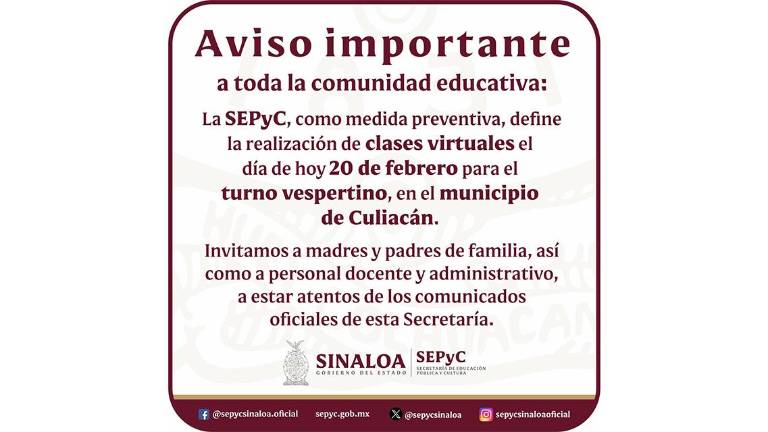 La Secretaría de Educación de Sinaloa informó que las clases a distancia en Culiacán se extenderán este jueves al turno vespertino.