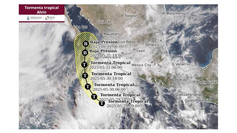 Ubicación de la tormenta tropical Alvin y su evolución para los próximos días frente a las costas de México.