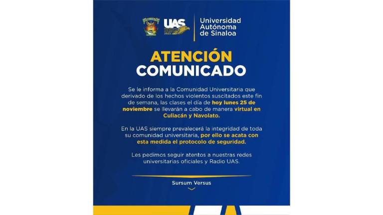 Anuncio de la UAS sobre la suspensión de clases este lunes en Culiacán y Navolato.