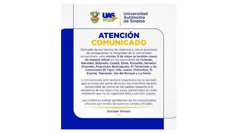 Aviso de la UAS sobre las clases virtuales en zonas afectadas por la violencia.