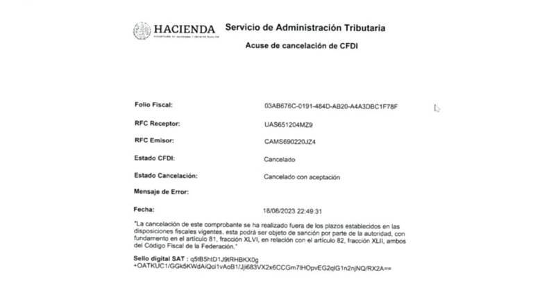 Aviso de la cancelación de facturas a favor de la UAS por la compra de tortillas que intentó utilizarse por la defensa en la audiencia contra funcionarios universitarios.