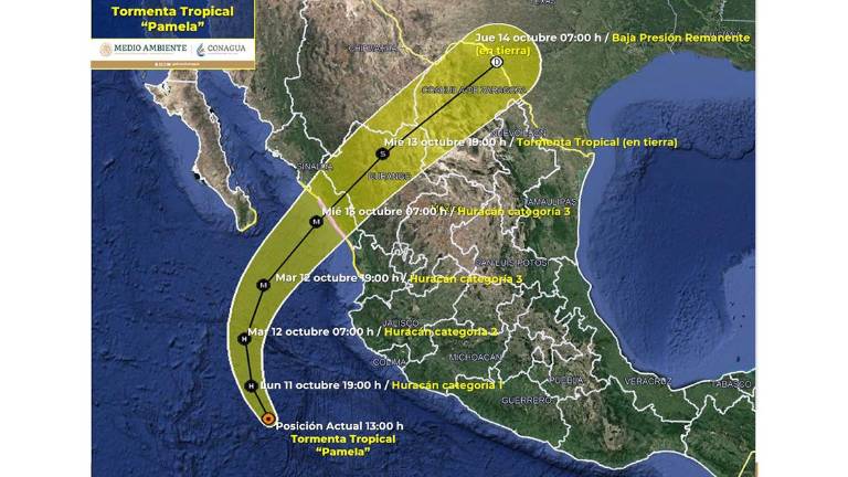 Trayectoria de la tormenta tropical Pamela, que esta tarde alcanzaría la categoría de huracán.