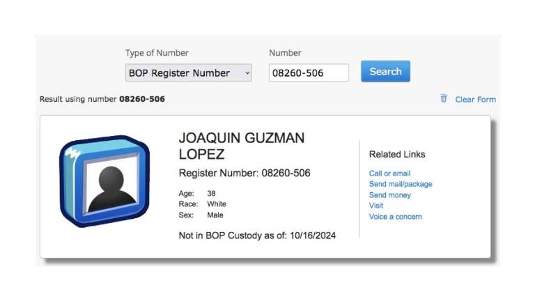 El estatus de Joaquín Guzmán López en Estados Unidos es que ya no está bajo la custodia del sistema penitenciario.