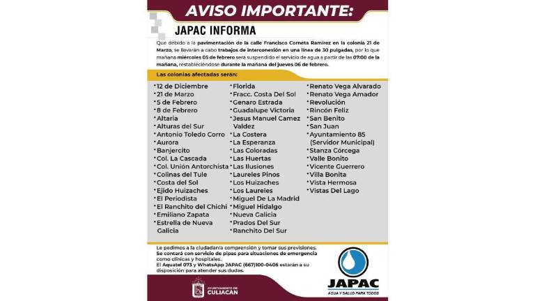 La Japac anuncia la suspensión de agua por un día a partir de este miércoles en varias colonias.