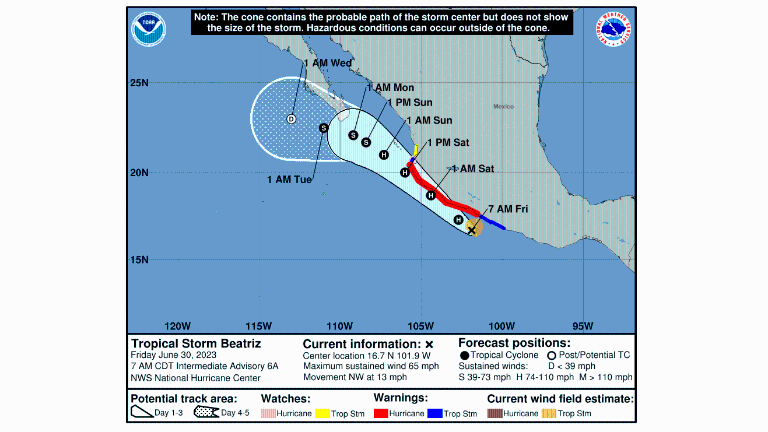 Posible trayectoria de la tormenta Beatriz, que está en evolución de convertirse en huracán.