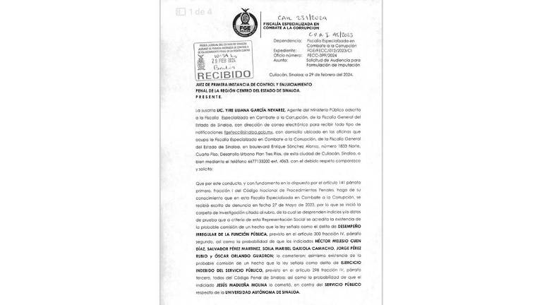 Oficio de la Fiscalía Anticorrupción que pide fecha y hora para nueva audiencia contra ex Rector de la UAS y ex funcionarios universitarios.