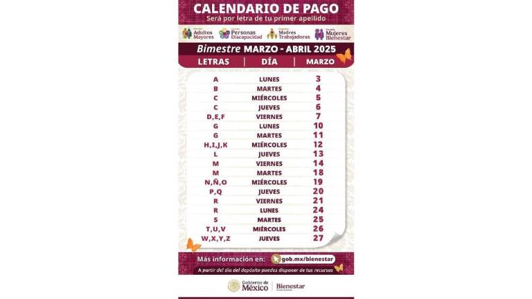 Calendario de pago de la Pensión del Bienestar para el segundo trimestre del año.