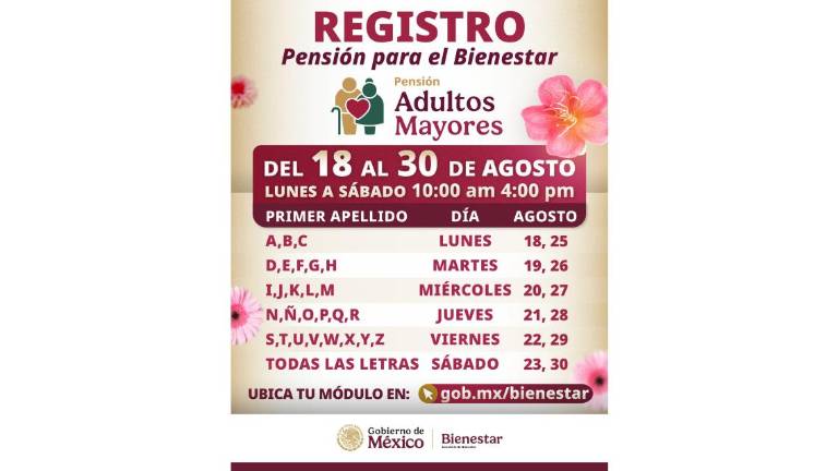 El registro a la Pensión del Bienestar será del 18 al 30 de agosto de lunes a sábado de 10:00 a 16:00 horas.