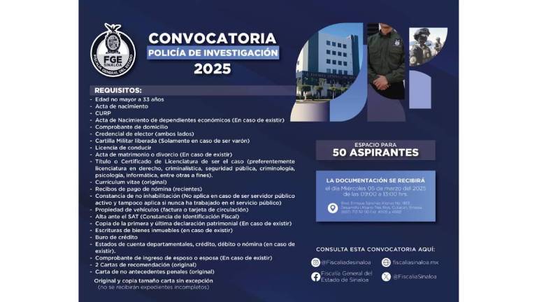 Convocatoria de la Fiscalía de Sinaloa para quienes busquen incorporarse como peritos, policías de investigación y agentes del Ministerio Público.