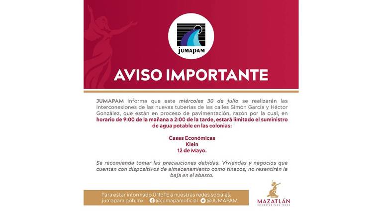 Aviso de Jumapam sobre la suspensión del servicio de agua este miércoles.
