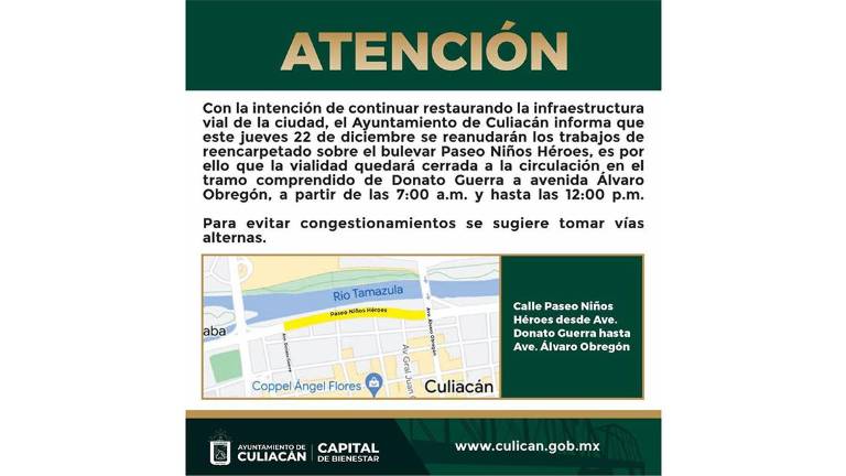 Anuncio de los trabajos que se hará por el malecón Niños Héroes en Culiacán.