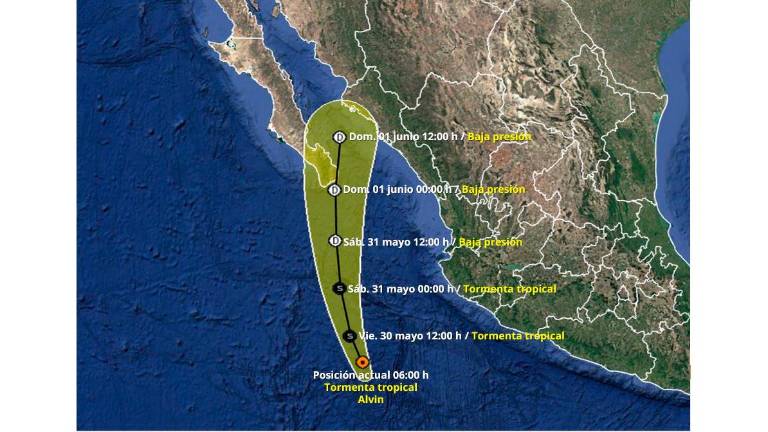 Trayectoria prevista de la tormenta tropical Alvin hasta la mañana de este viernes.