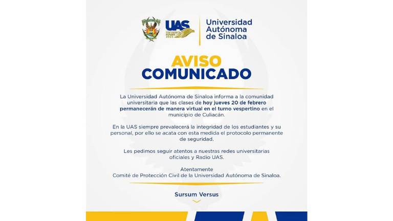 Anuncio de la UAS sobre las clases virtuales para el turno vespertino.