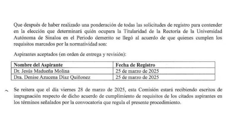 Dictamen de la Comisión de Elección de la UAS sobre las candidaturas aprobadas.