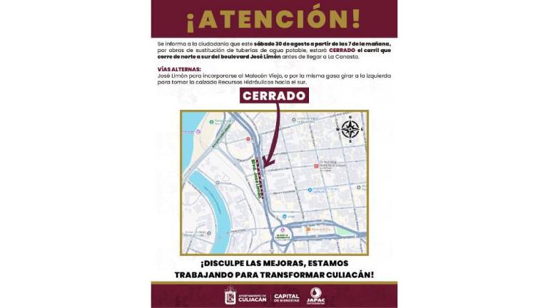 Aviso de la Japac sobre el cierre de un tramo en el bulevar José Limón, en Culiacán.
