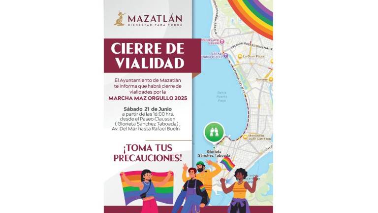 Anuncio del cierre del paseo costero para este jueves por la Marcha del Orgullo en Mazatlán.