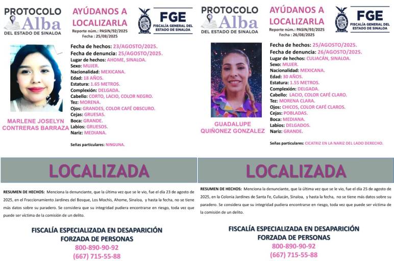 Localizan con vida a Marlene Joselyn y Guadalupe, reportadas desaparecidas en Sinaloa