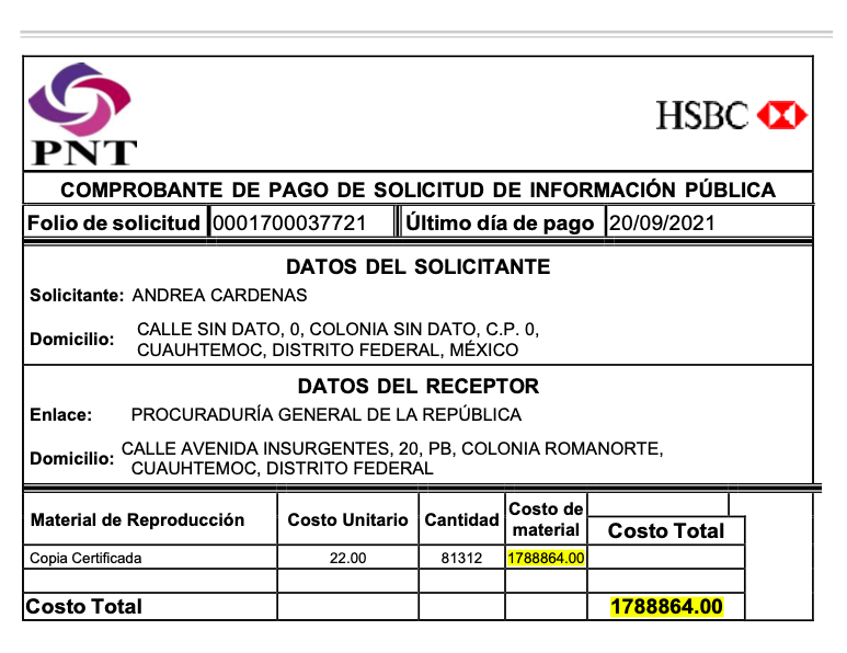 $!Ficha que envió la FGR este 1 de septiembre para pagar las copias en HSBC en un plazo de 20 días.