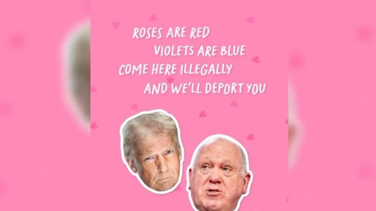 La imagen, con un fondo rosa, con pequeños corazones del mismo color en tono más oscuro, incluyó la cara del presidente Trump y de Tom Homan, su “zar de la frontera”.