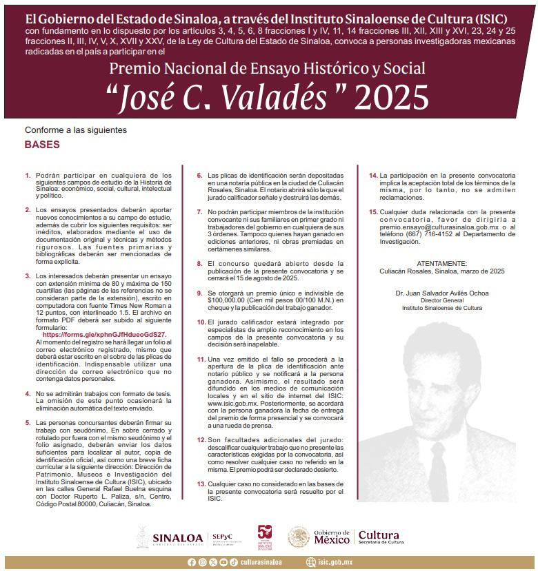 $!Las bases de la convocatoria al Premio Nacional de Ensayo Histórico y Social ‘José C. Valadés’ 2025.