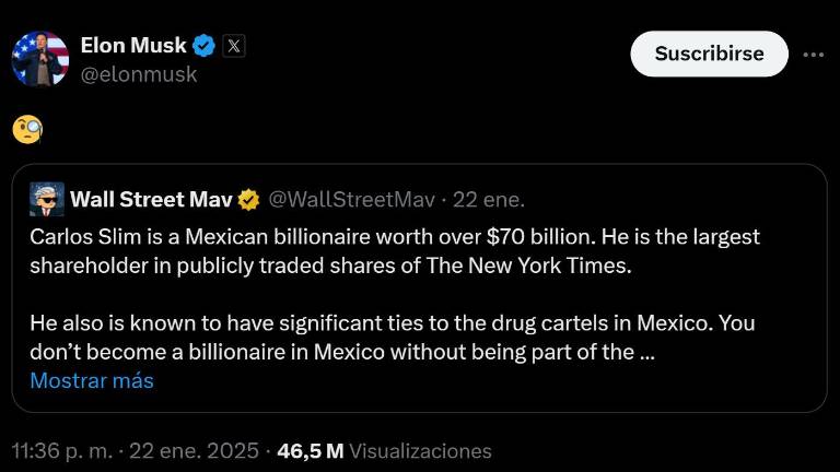 Elon Musk compartió una publicación en X en la que se acusaba a Carlos Slim de tener vínculos con los cárteles del narcotráfico en México.