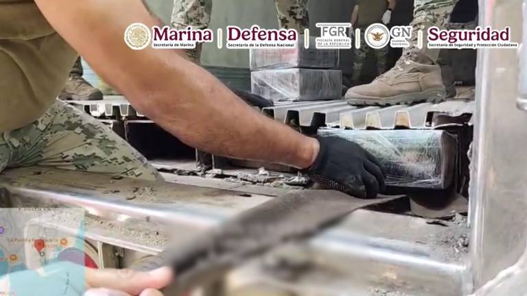 Elementos de la Semar, hallaron droga en doble fondo de tráiler inspeccionado por binomios caninos.