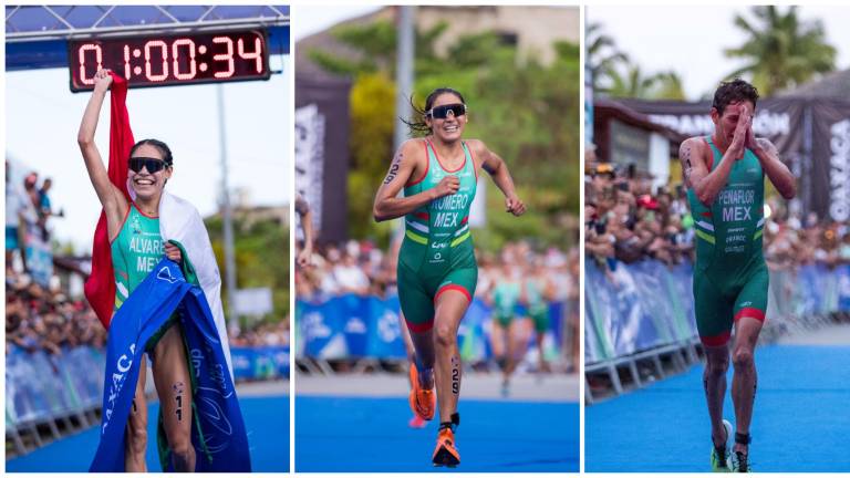 Anahí Álvarez, Mercedes Romero y Aram Peñaflor, seleccionados nacionales de triatlón en la Copa Mundial Huatulco 2023.