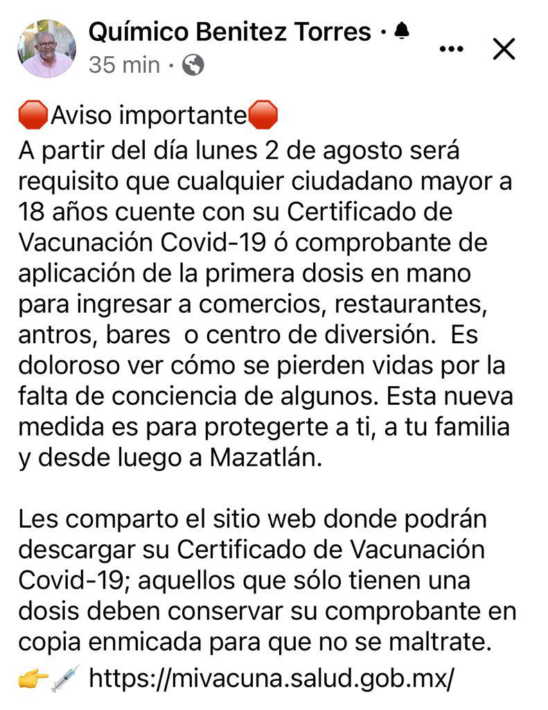 $!Quien no se vacune, no podrá ingresar a antros ni restaurantes, advierte el Alcalde de Mazatlán