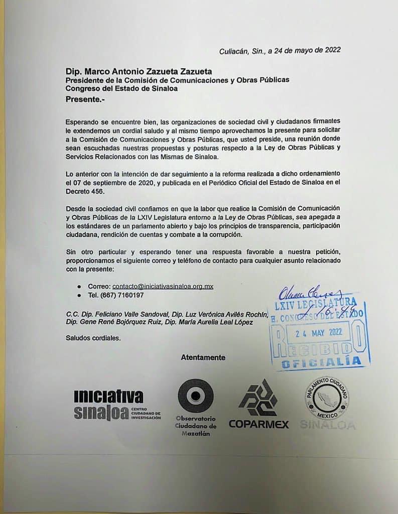 $!Oficio entregado por organizaciones civiles al Congreso de Sinaloa