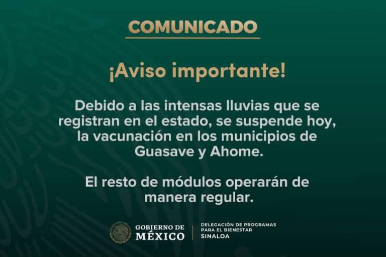 Suspenden vacunación contra el Covid en Guasave y Ahome por las lluvias