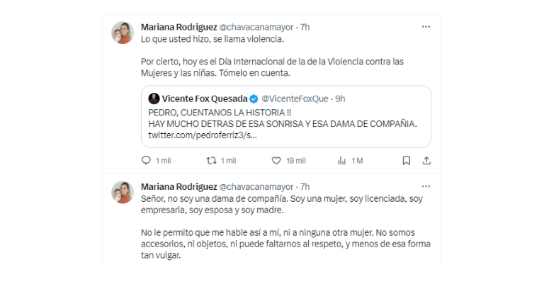 Mariana Rodríguez confrontó al ex Presidente Vicente Fox tras llamarla “dama de compañía” en redes sociales.