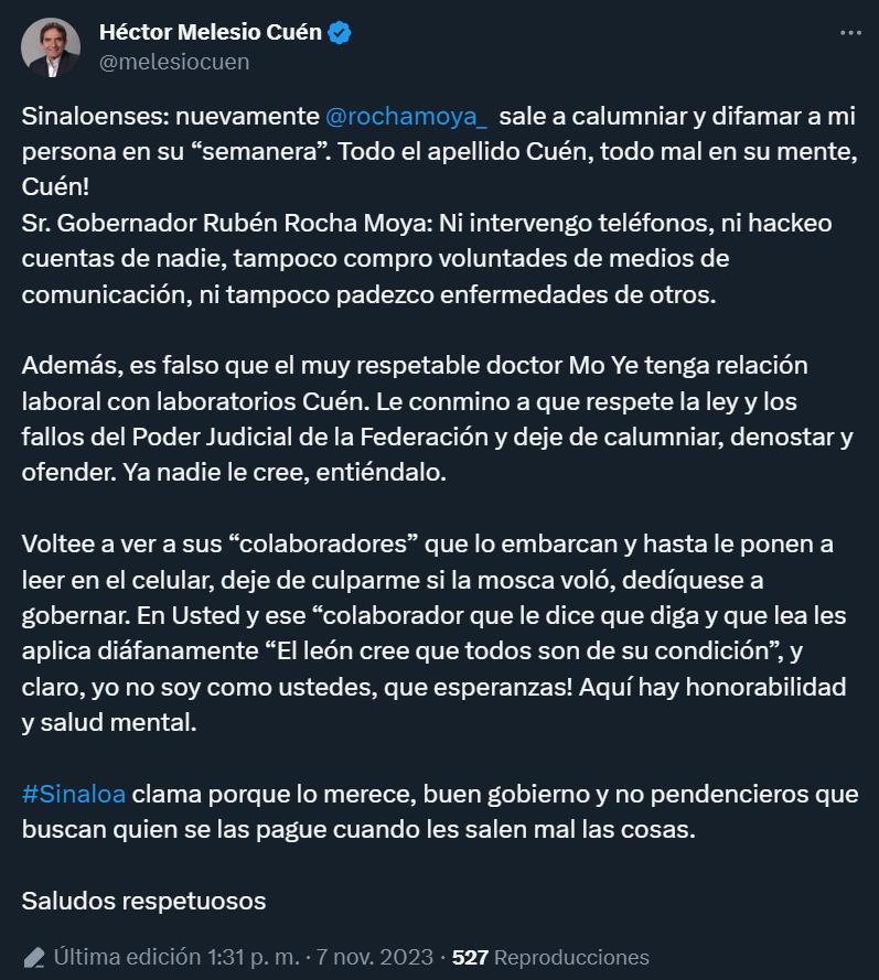 $!Acusa Cuén de difamación a Rocha Moya por hackeo a teléfono de Gobierno del Estado