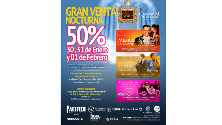 Las rebajas entrarán en vigor desde las 9:00 am del martes 30 de enero en las taquillas ubicadas en el Teatro Ángela Peralta, Instituto de Cultura de Mazatlán y en el Palacio Municipal.