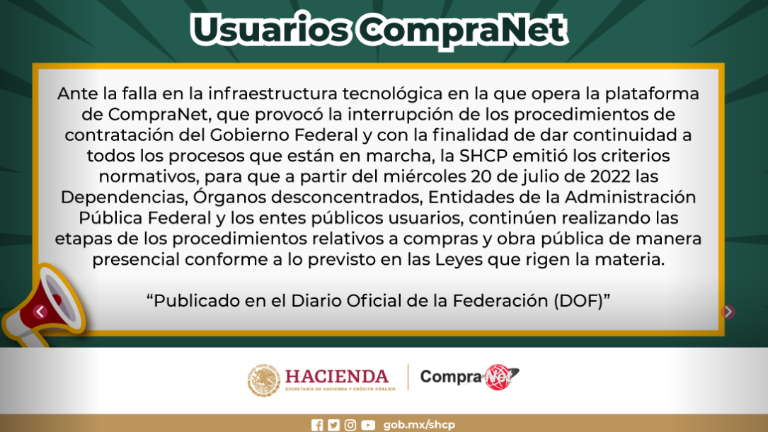 Anuncio de la página de Compranet donde se anuncia la falla en el portal.