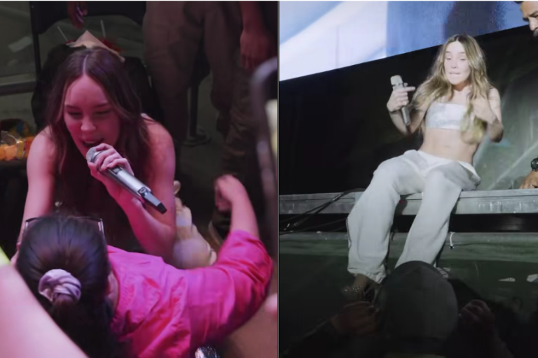 Sorprende Belinda a fan, bajando del escenario para cantar con ella