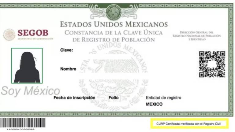 Modelo que tendría la nueva CURP aprobada en el Senado de la República, donde se integraría la fotografía.