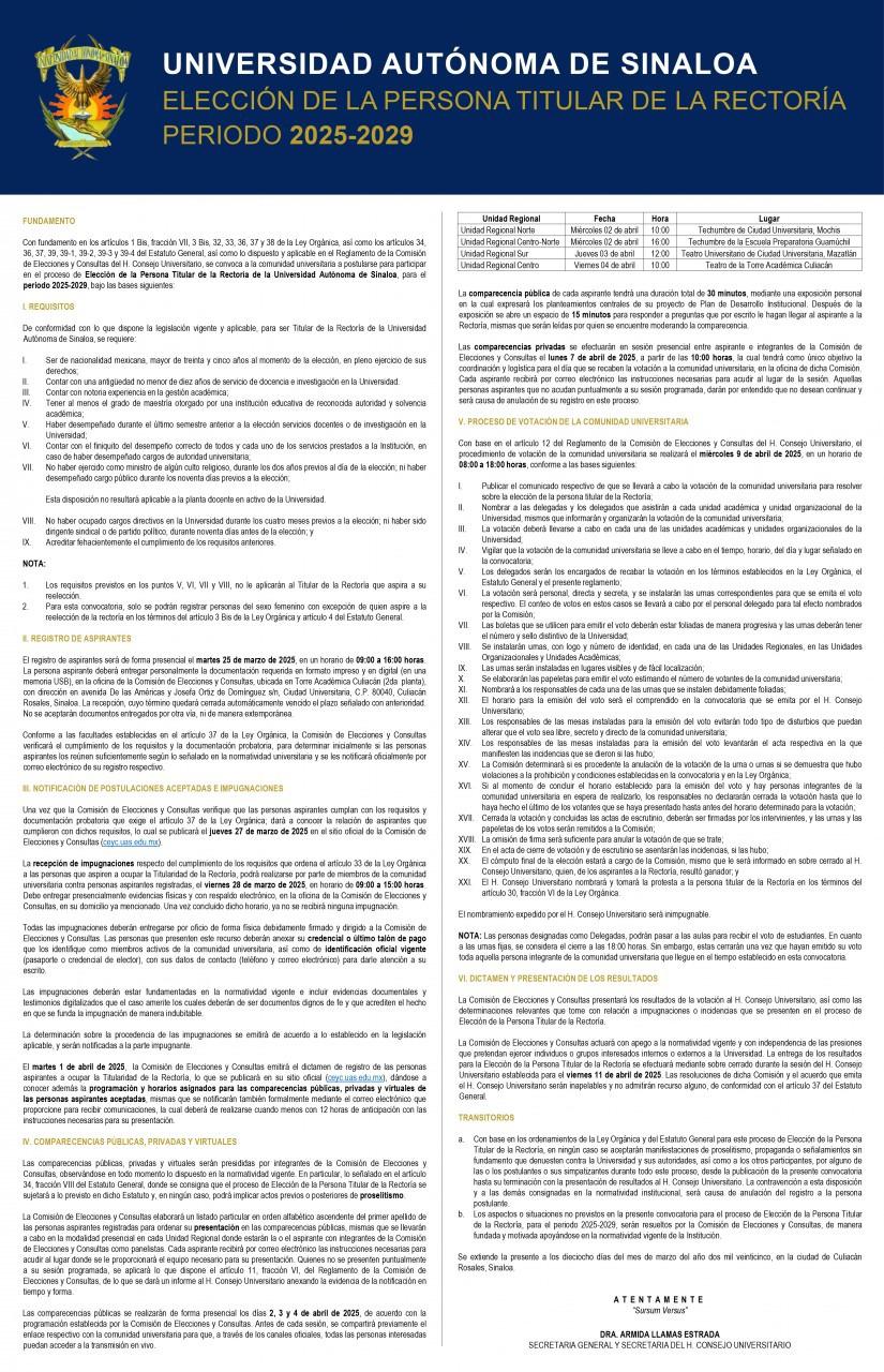$!Publica UAS convocatoria para elección de su próximo rector o rectora, el próximo 9 de abril