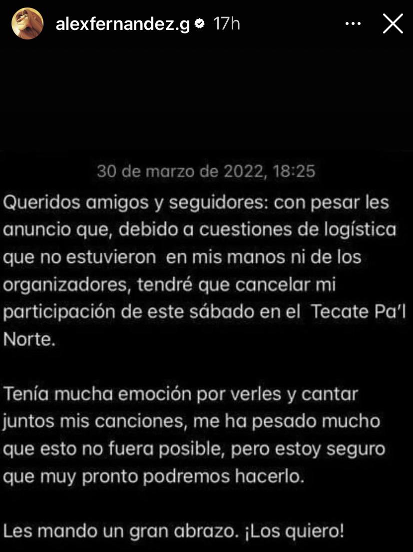 $!Alex Fernández cancela su presentación en Tecate Pal’ Norte