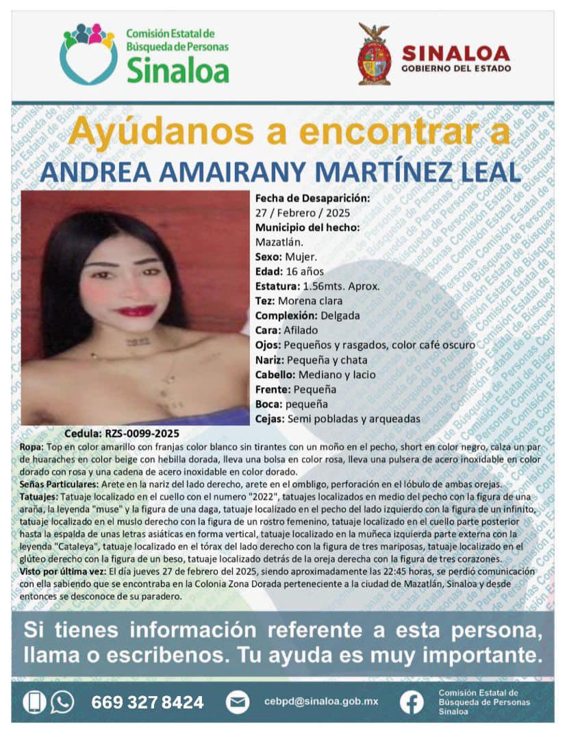 $!Desaparece Andrea Amairany, de 16 años, en la Zona Dorada de Mazatlán