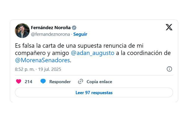 Noroña desmiente renuncia de Adán Augusto a coordinación de bancada de Morena en el Senado
