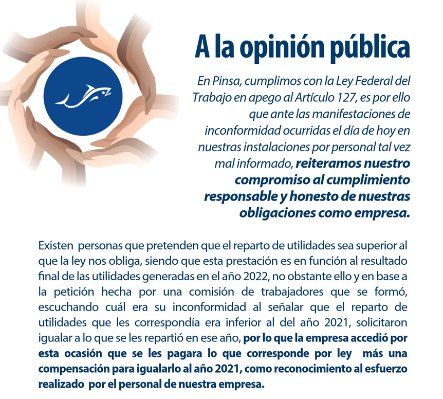 $!Pinsa reitera compromiso con sus trabajadores, dice en Comunicado Oficial