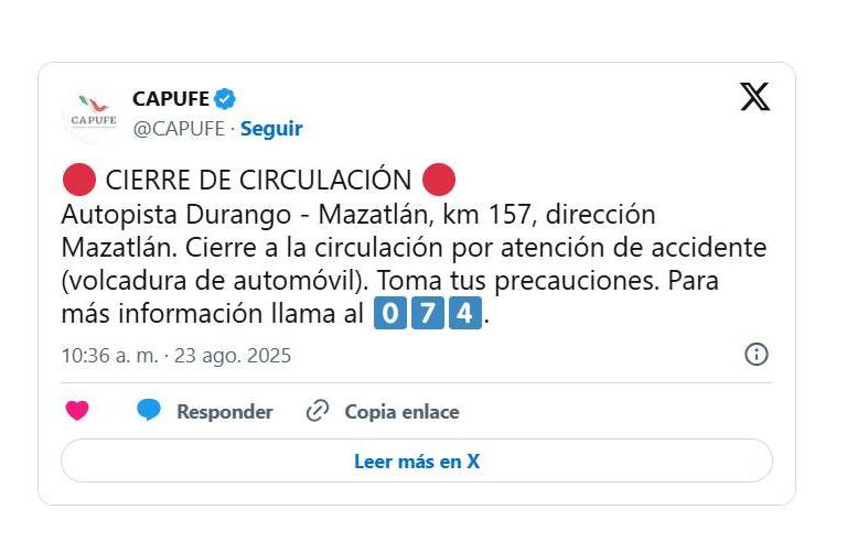 Por accidente reportan cierre de circulación en Autopista Durango-Mazatlán