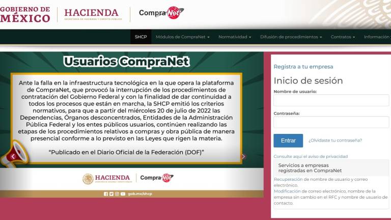Anuncio de la Secretaría de Hacienda sobre la plataforma Compranet.