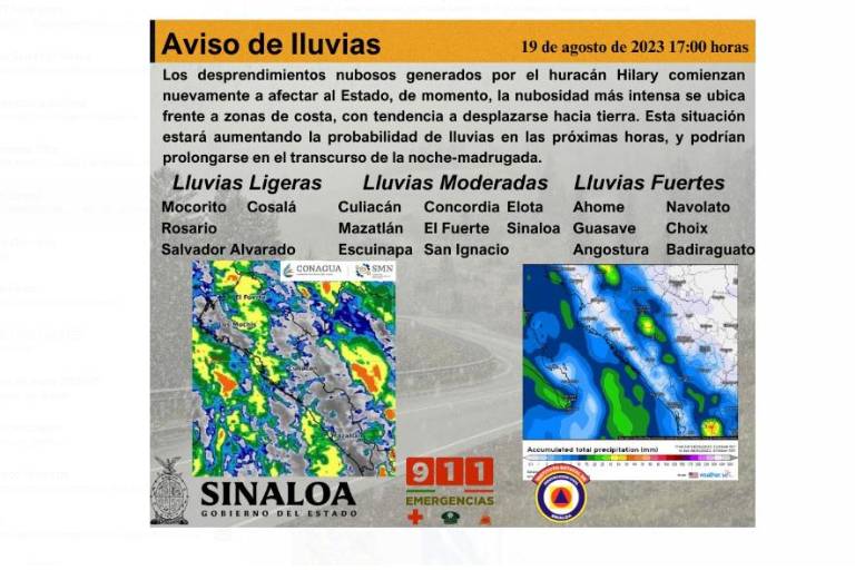 Alerta PC sobre más lluvias fuertes en Sinaloa esta noche y madrugada del domingo