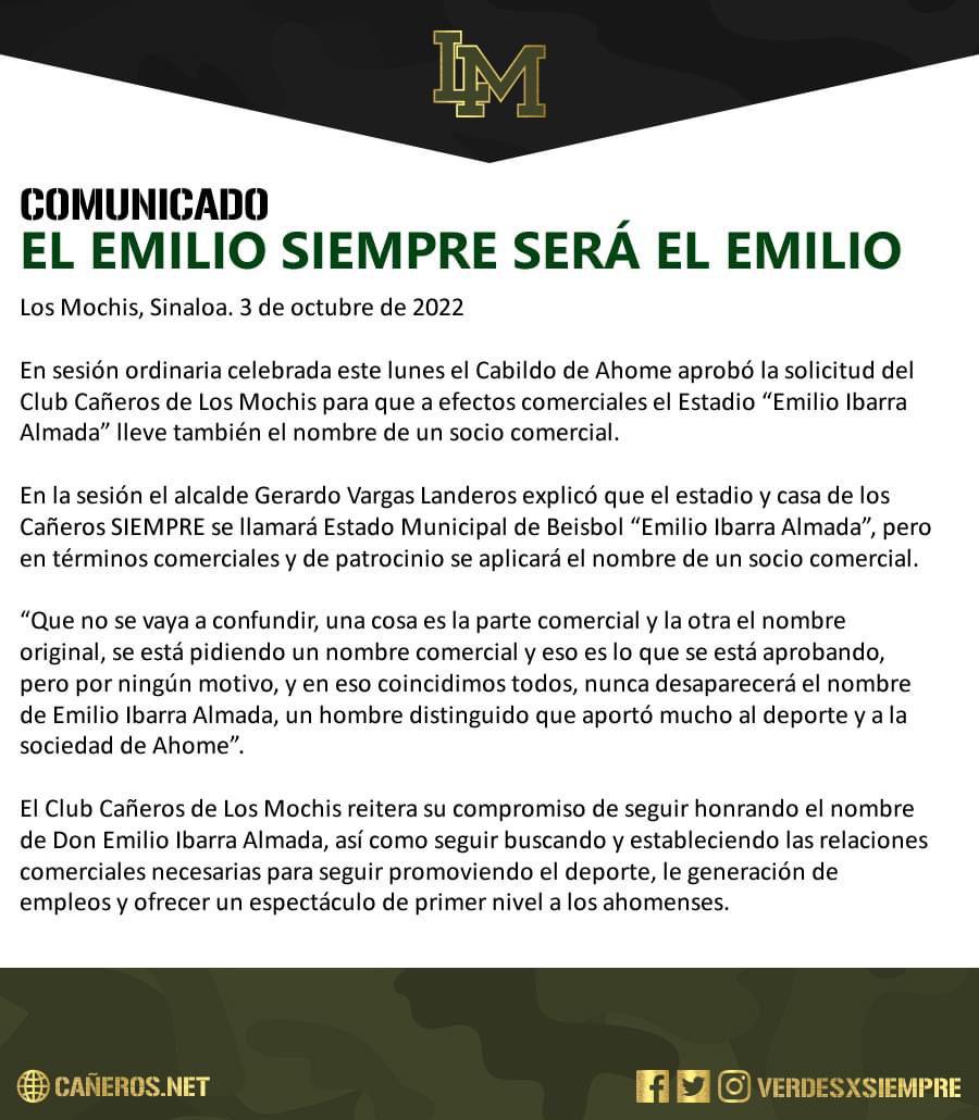 $!Estadio de Cañeros de Los Mochis cambia de nombre para la próxima temporada