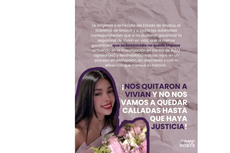 Colectivos feministas exigen a la FGE justicia por feminicidio de Vivian, encontrada sin vida en Culiacán