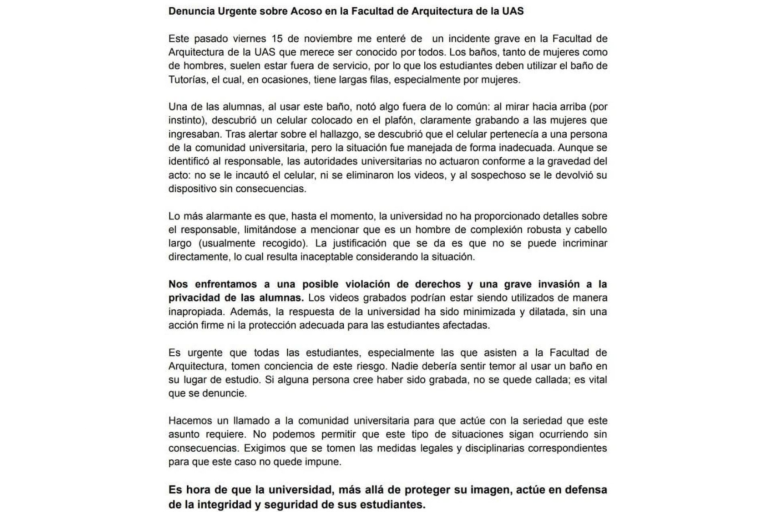 Acusan a la facultad de Arquitectura de la UAS de minimizar denuncia sobre celular que grababa alumnas dentro de un baño